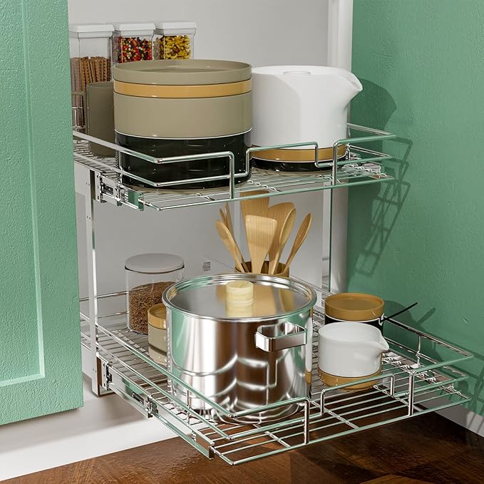LOVMOR 2 Tier Individual Pull Out Cabinet Organizer 14" W x 18" D, Slide Out Kitchen Cabinet Storage Sliding Shelves