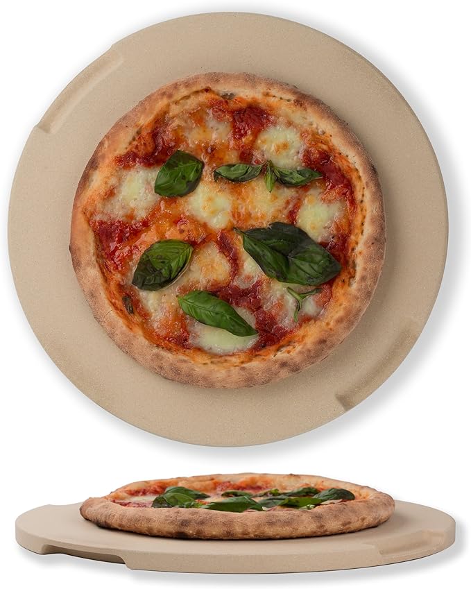 Pizza Stone 12.6in Round Baking & Grilling Stone, Perfect for Oven, BBQ and Grill. Innovative Double - faced Built - in 4 Handles Design