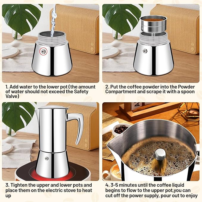 No Coating 6 Cup Thickened 304 Stainless Steel Moka Pot Stovetop Espresso Maker Italian Coffee Machine 300ml 10.1oz Suitable for Gas Induction Stovetop Greca Coffee Maker Percolator