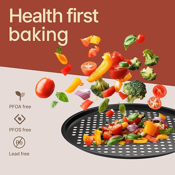 Non-Stick Pizza Pan with Holes - 13-Inch Perforated Pizza Crisper Carbon Steel Pizza Pan - 1 Round Pizza Trays PFOA PFOS and PTFE Free