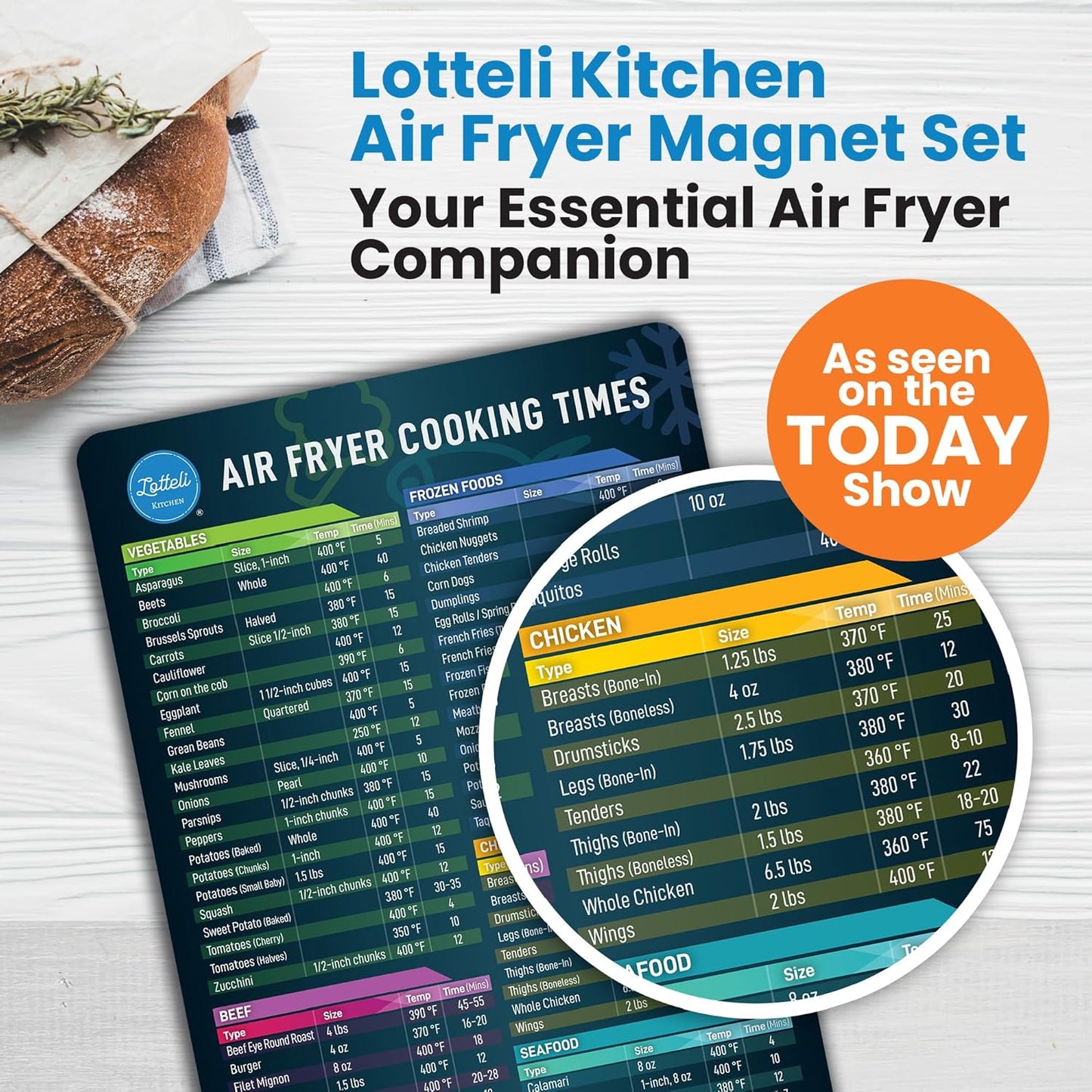 Air Fryer Magnetic Cheat Sheet Set - Air Fryer Accessories Cookbook - As Seen on the Today Show an Easy to Use AirFryer Time Chart Set - Strong Magnet Quick Reference Cooking Guide for Frying (Black)