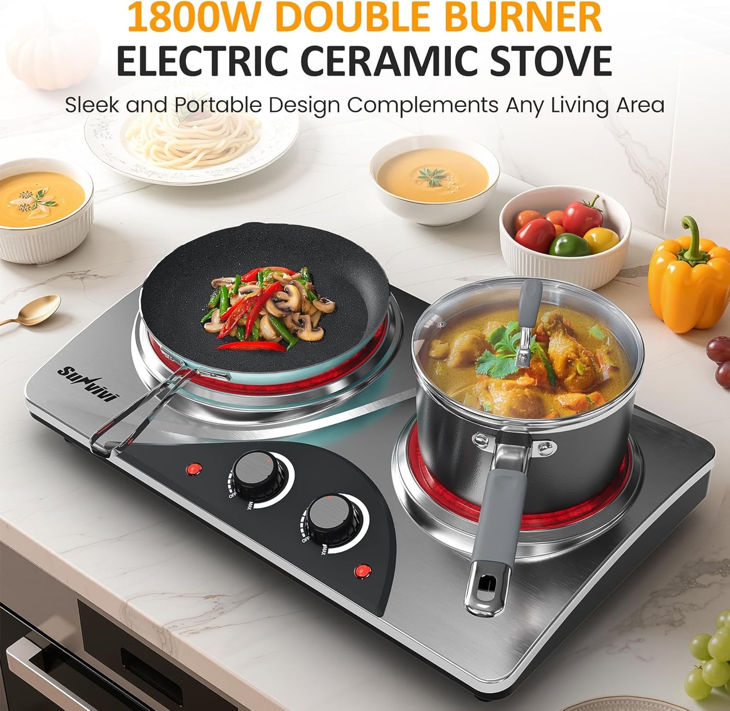 Sunvivi 1800W Dual Burner Portable Electric Ceramic Stove – Knob Control, Indicator Light, Compatible with All Cookware, Ideal for Multiple Cooking Scenarios, Silver