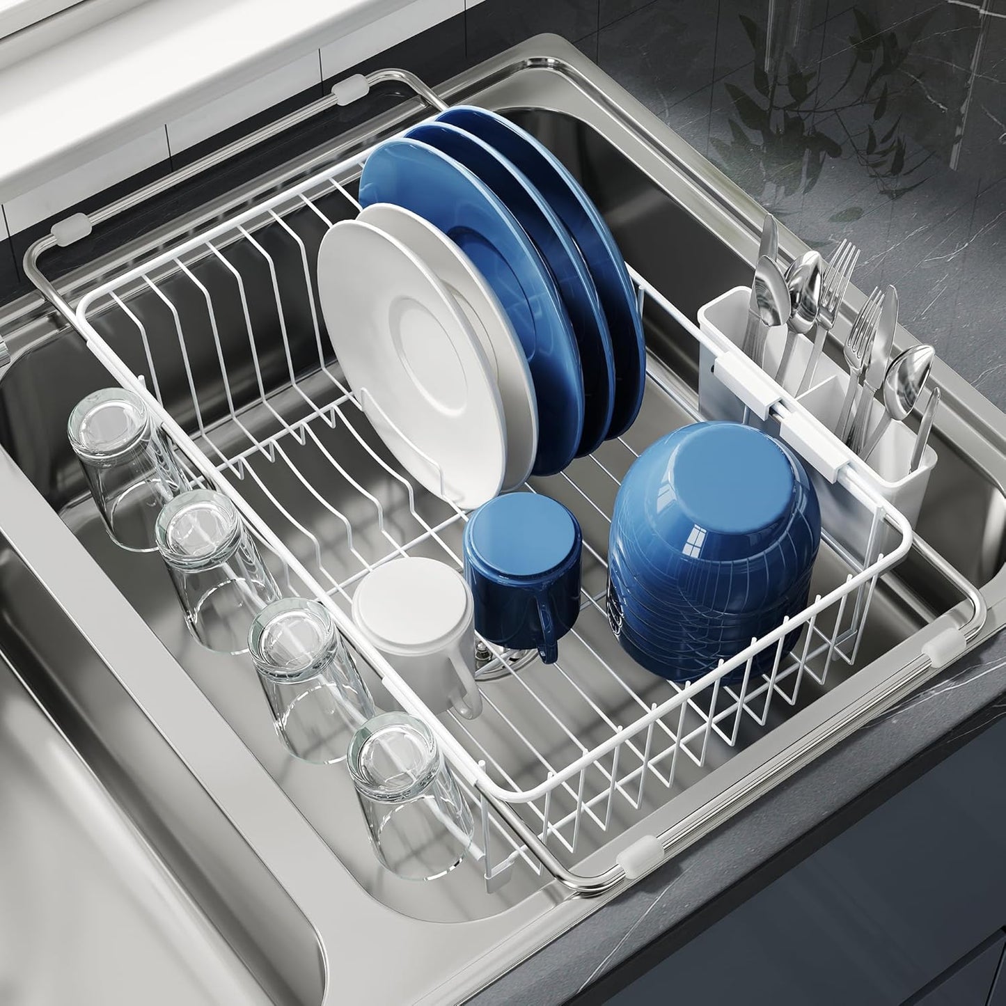 JASIWAY Dish Drying Rack in Sink, Small Dish Drainers for Inside Sink, Over The Sink Dish Racks, Stainless Steel Drying Rack with Utensil Holder, White