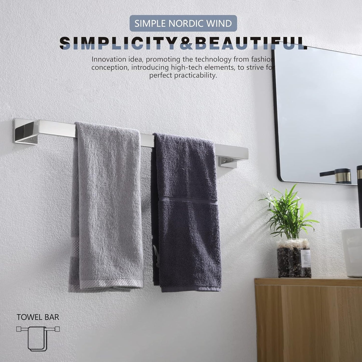 KOKOSIRI 24-Inch Single Towel Bar, Bathroom Kitchen Towel Holder, Wall Mounted SUS304 Stainless Steel Towel Rack, Polished Chrome, B4003CH-L24