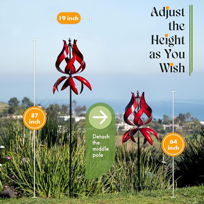 Large Garden Wind Spinner - Tulip Outdoor Yard Wind Sculptures & Spinners, Garden Decor Gift Ideas for Mother, Birthday, Housewarming (Dia19 x H87”)