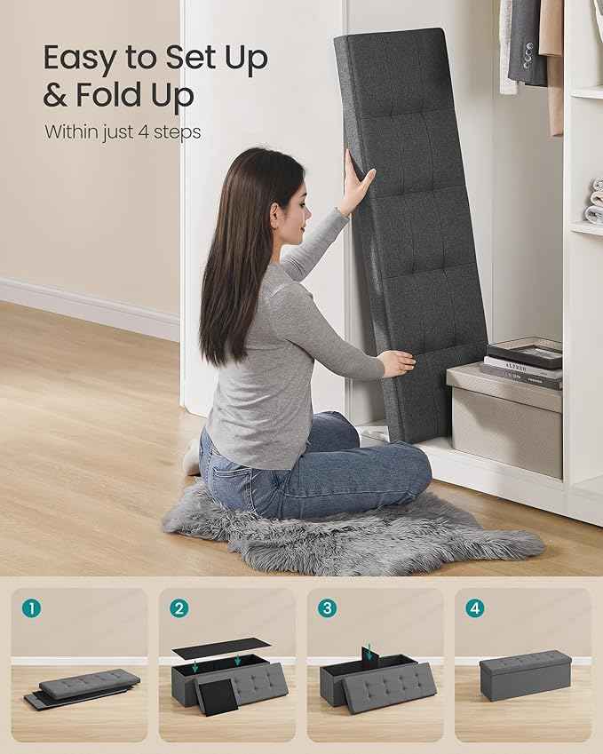 SONGMICS MAZIE Collection - 43 Inches Folding Storage Ottoman Bench, Ottoman Foot Rest, End of Bed Bench, Storage Chest, Load 660 lb, for Living Room, Bedroom, Entryway, Dark Gray ULSF77K