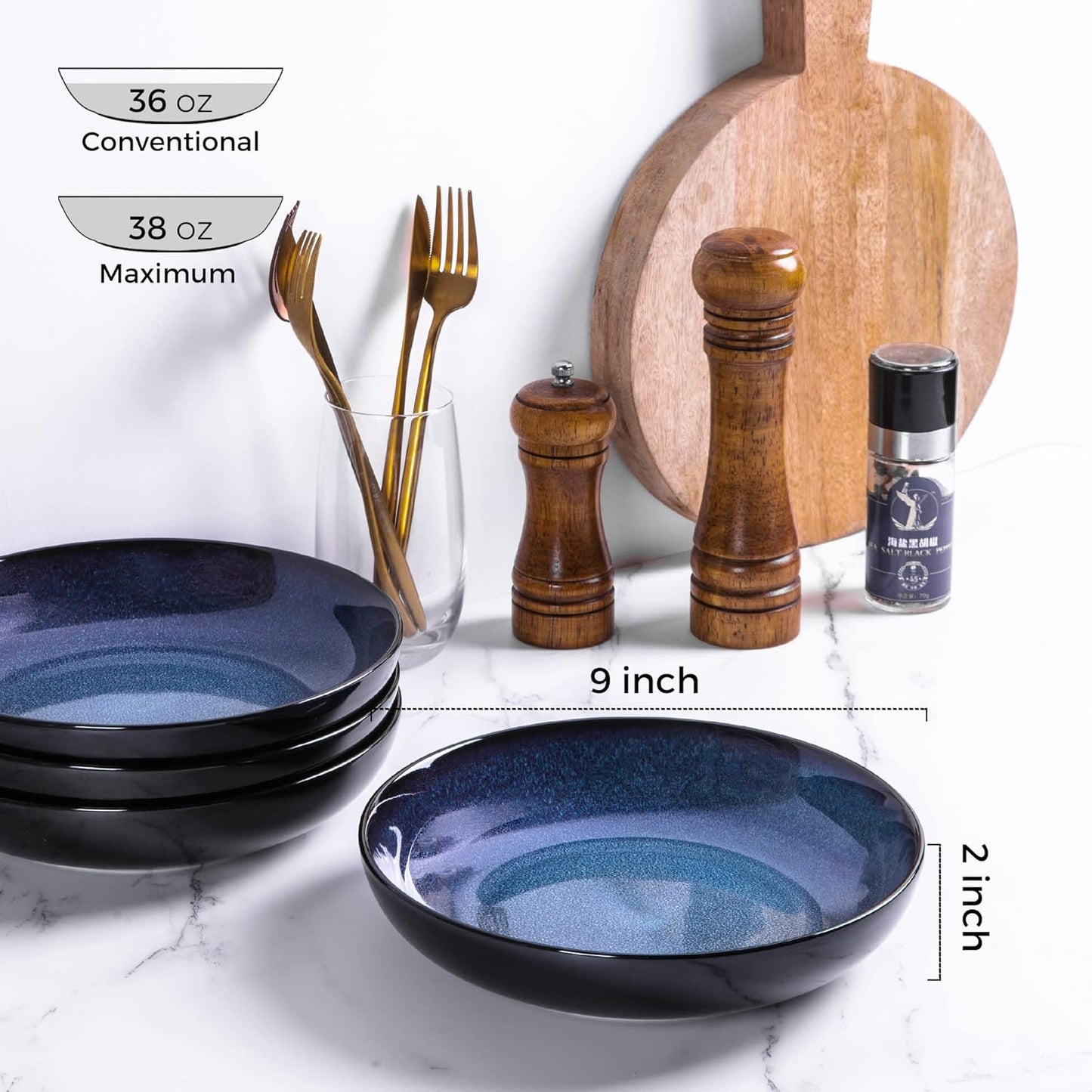 LERATIO Pasta Bowls,Ceramic 38oz Pasta Bowls,9.0" Reactive Glaze Pasta Bowl Set of 4,Microwave & Dishwasher,Oven Safe,Large Wide Serving Bowls for Salad, Dessert,Pizza,Fruit -Blue