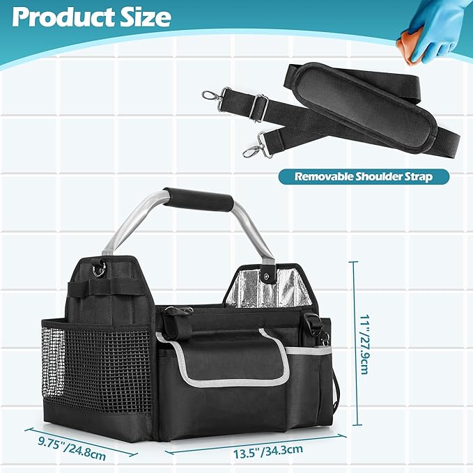 HODRANT Wearable Cleaning Caddy Organizer, Cleaning Supplies Bag with Divider & Support Pad, Cleaner Tote with Handle & Detachable Shoulder Strap, Housekeeping Storage Box with Multi Pockets, Bag Only