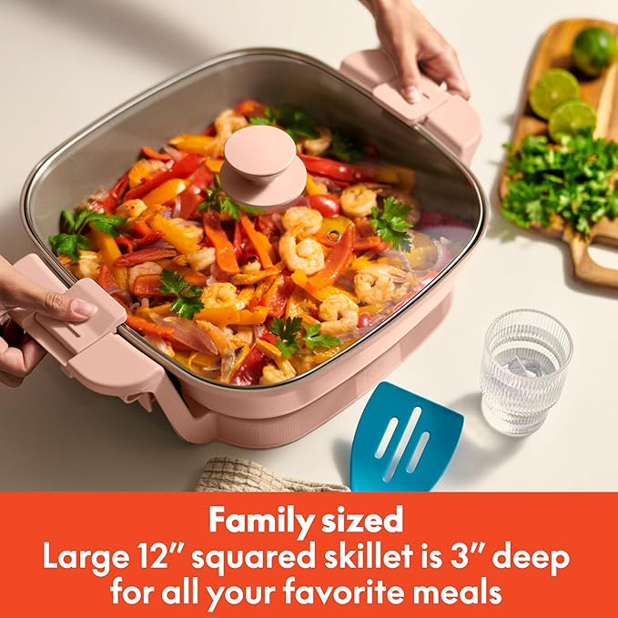 bella Make & Take Electric Skillet, Fits-anywhere™ kitchenware, EverGood™ Ceramic Coating, Adjustable Temperature & Dishwasher-Safe Tempered Glass Lid, Cast Aluminum Base, 1200 Watt, Blossom