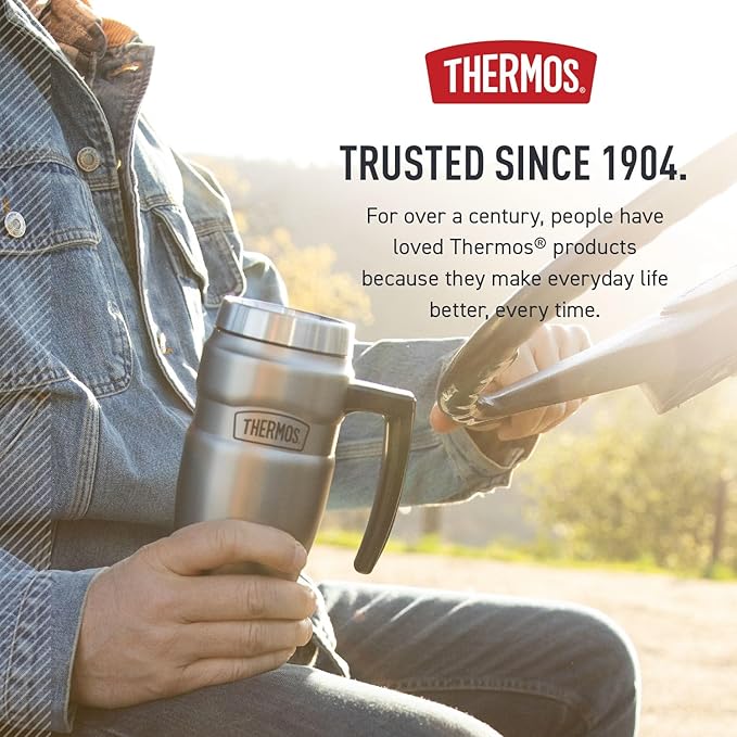 THERMOS Stainless King Vacuum-Insulated Travel Mug with Handle - 16oz, Army Green - Thermos Tumbler for Hot & Cold Drinks - Leak-Proof & Sweat-Proof Stainless Steel Coffee Mug with Lid for Commuting