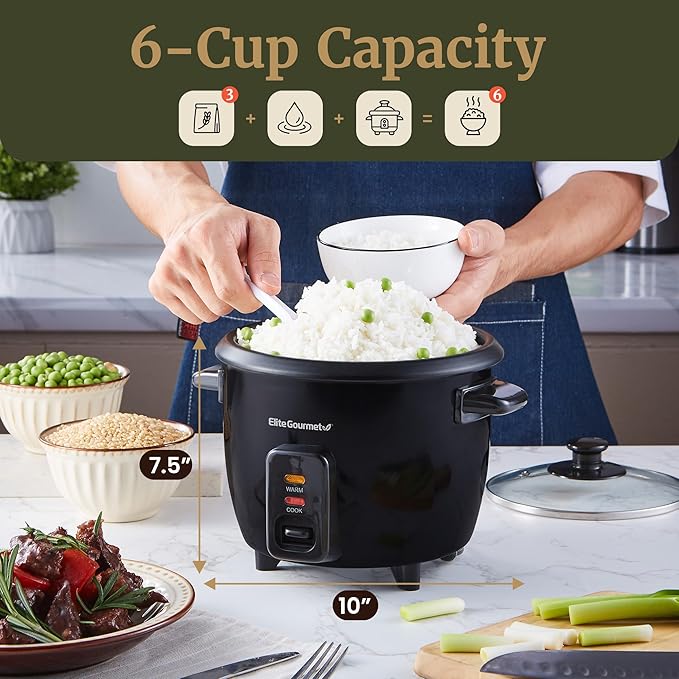 Elite Gourmet Electric Rice Cooker with Steam Tray and Non-Stick Inner Pot Makes Soups, Stews, Grains, Cereals, Keep Warm Feature, 6 Cups Cooked (3 Cups Uncooked), Black