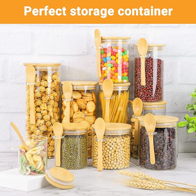 Glass Jar with Bamboo Lids and Spoon - 6 Pack 18 Fl.oz Round Food Storage Containers, Includes Labels and Marker, Airtight Tea Canister Pantry Jars for Sugar, Ground Coffee, Oats, Meal Prep