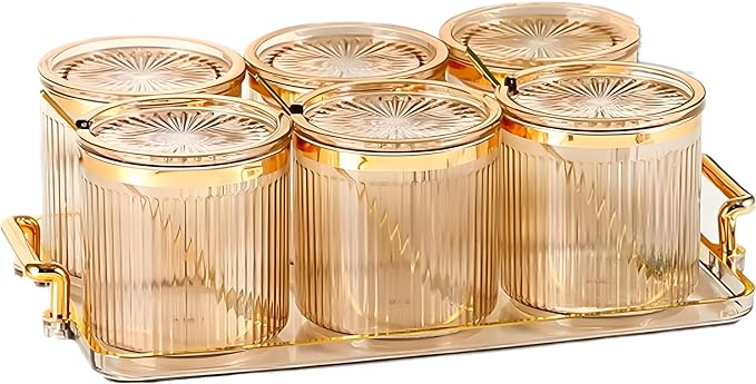 Acrylic Condiment Spice Jars,Condiment Spice Box With Lids and Spoons and Tray,Clear Plastic Condiment Canisters,Seasoning Box 6 Pack,Seasoning Box Set for Kitchen to Storage Salt,Paprika,Sugar