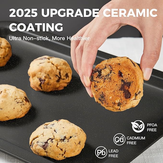 HONGBAKE Ceramic Baking Sheet Pan Set, Cookie Sheet for Oven, Bakeware Sets with Wider Grips, 3 Pack Half/Jelly Roll/Quarter Baking Tray, Premium, Dishwasher Safe - Dark Grey