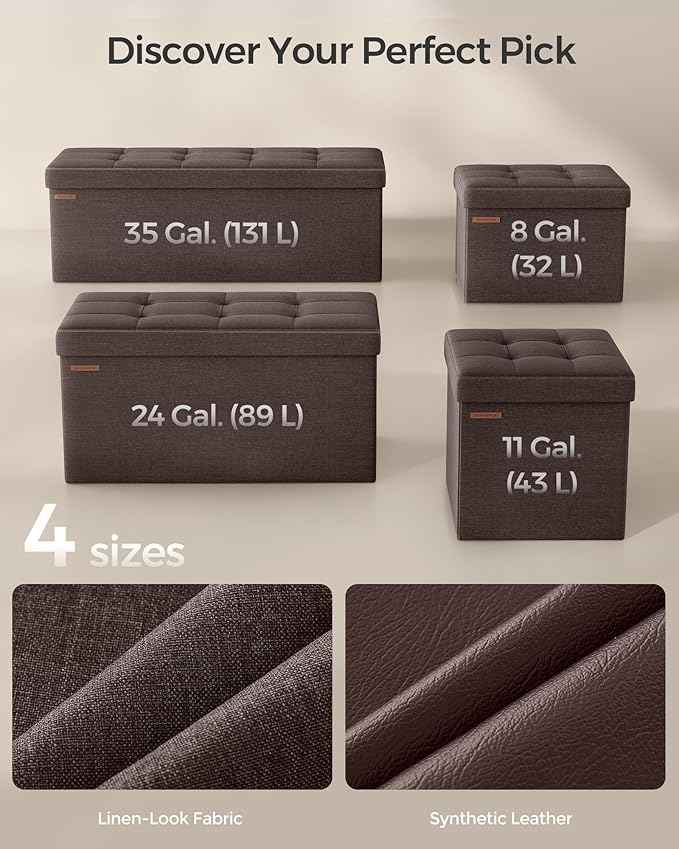 SONGMICS MAZIE Collection - 43 Inches Folding Storage Ottoman Bench, Ottoman Foot Rest, End of Bed Bench, Storage Chest, Load 660 lb, for Living Room, Bedroom, Entryway, Brown ULSF77BR