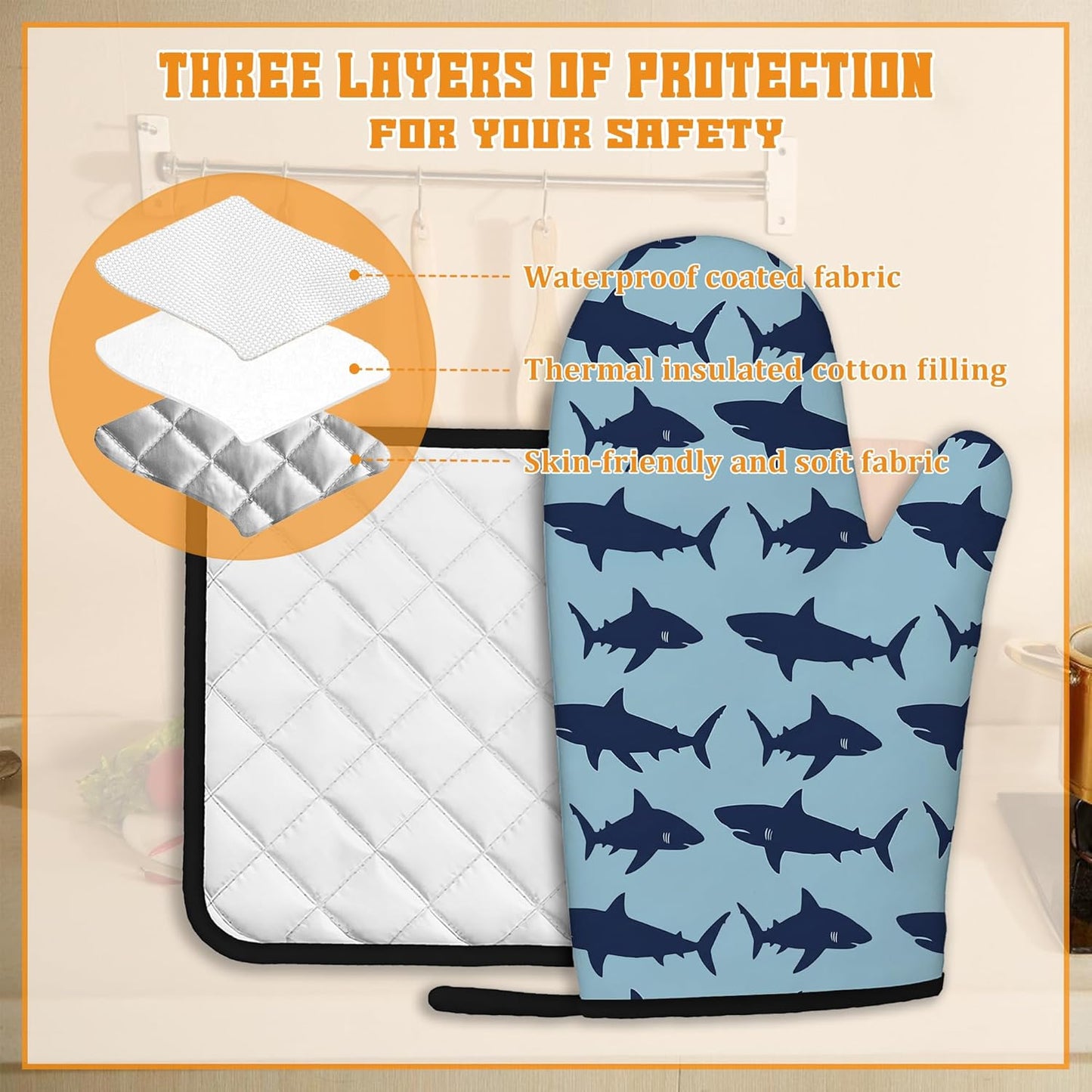 Blue Shark Oven Mitts and Pot Holders,Heat Resistant Oven Mitts Gloves and Pot Holder for Home Kitchen Decorations Cooking Baking BBQ Gifts,Set of 4