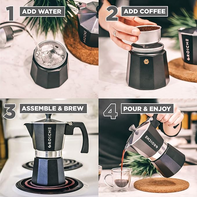 GROSCHE Milano Stovetop Espresso Maker Moka Pot 3 espresso Cup - 5 oz, Black - Cuban Coffee Maker Stove top coffee maker Moka Italian espresso greca coffee maker brewer percolator