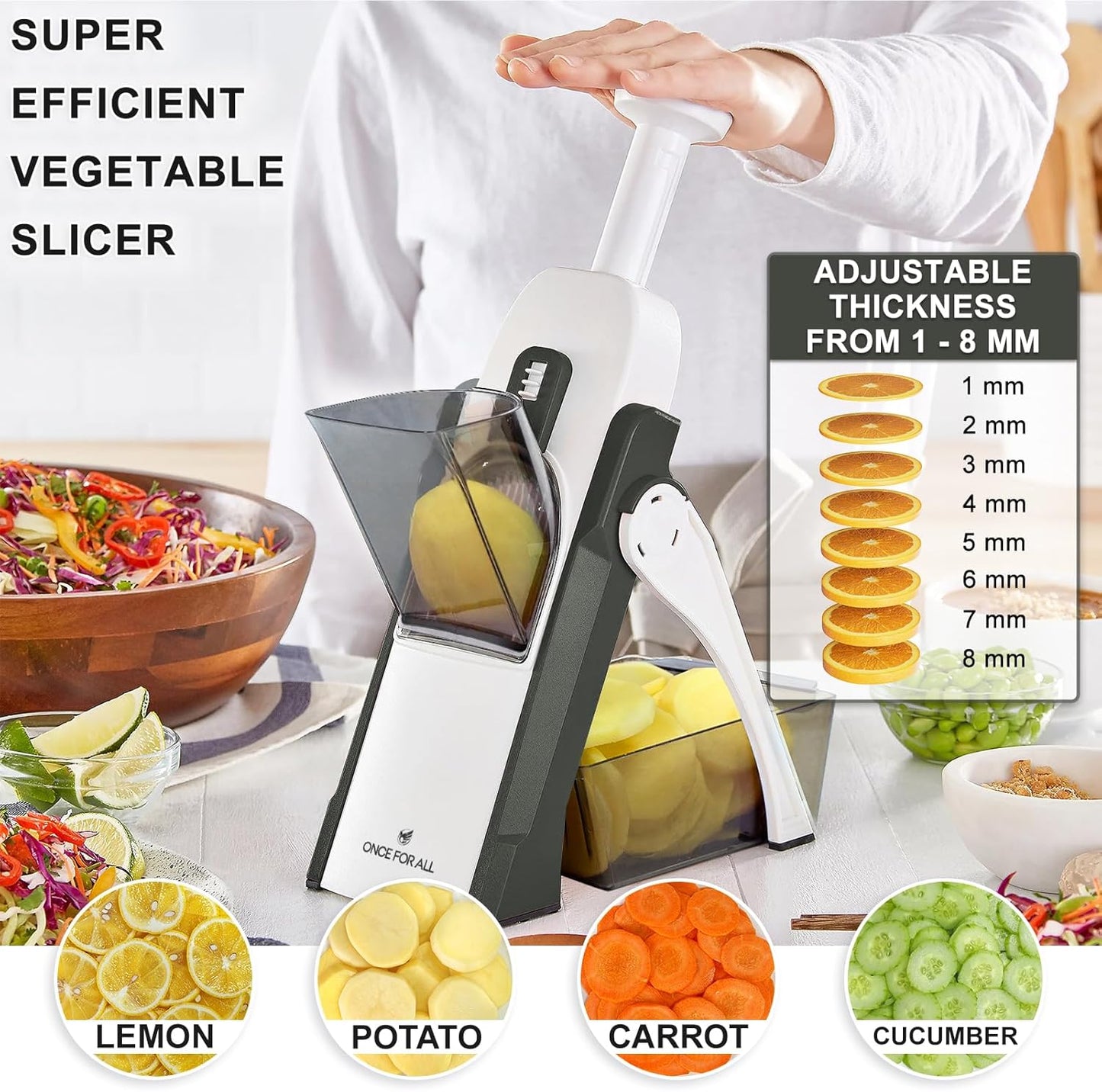 ONCE FOR ALL Safe Mandoline Slicer For Kitchen, Professional Vegetable Slicer For Food Potato Slices, Thickness Adjustable 0.1-8 mm Kitchen Artifact Fast Meal Prep
