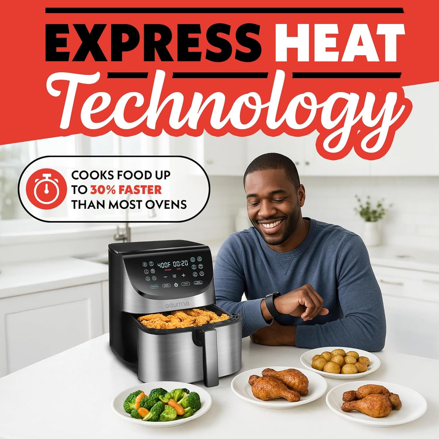 Gourmia Air Fryer Oven Digital Display 8 Quart Large AirFryer Cooker 12 Touch Cooking Presets, XL Air Fryer Basket 1700w Power Multifunction GAF856 Black and Stainless stainless steel air fryer