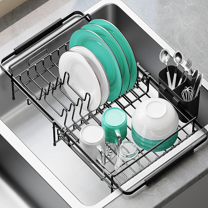 Urackify Dish Drying Rack in Sink - Expandable (14.5''-18''L) Over The Sink Dish Rack with Utensil Holder, Space-Saving Dish Drainer for Kitchen Counter, 1 Piece, Matte Black