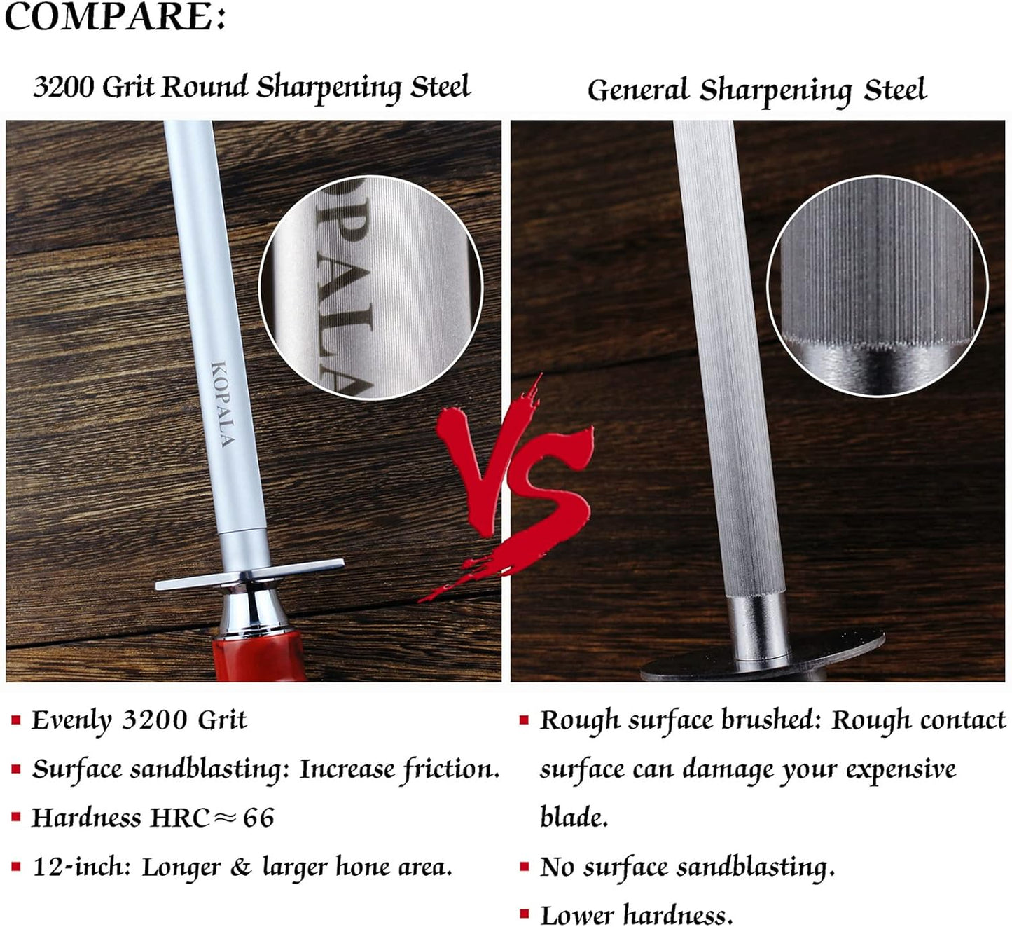 Sharpening Steel Knife Sharpener Rod Round 12 Inches Honing Steel for Knives Red