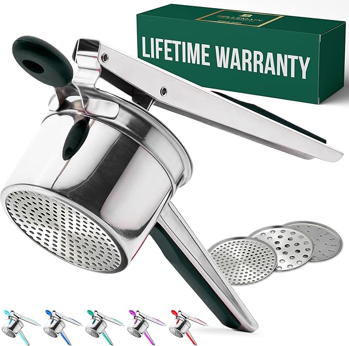 Bellemain 15 oz Large Potato Ricer | Heavy-Duty Stainless Steel Potato Ricer & Masher | Perfect for Mashed Potatoes | Kitchen Tool with 3 Interchangeable Discs (Black)