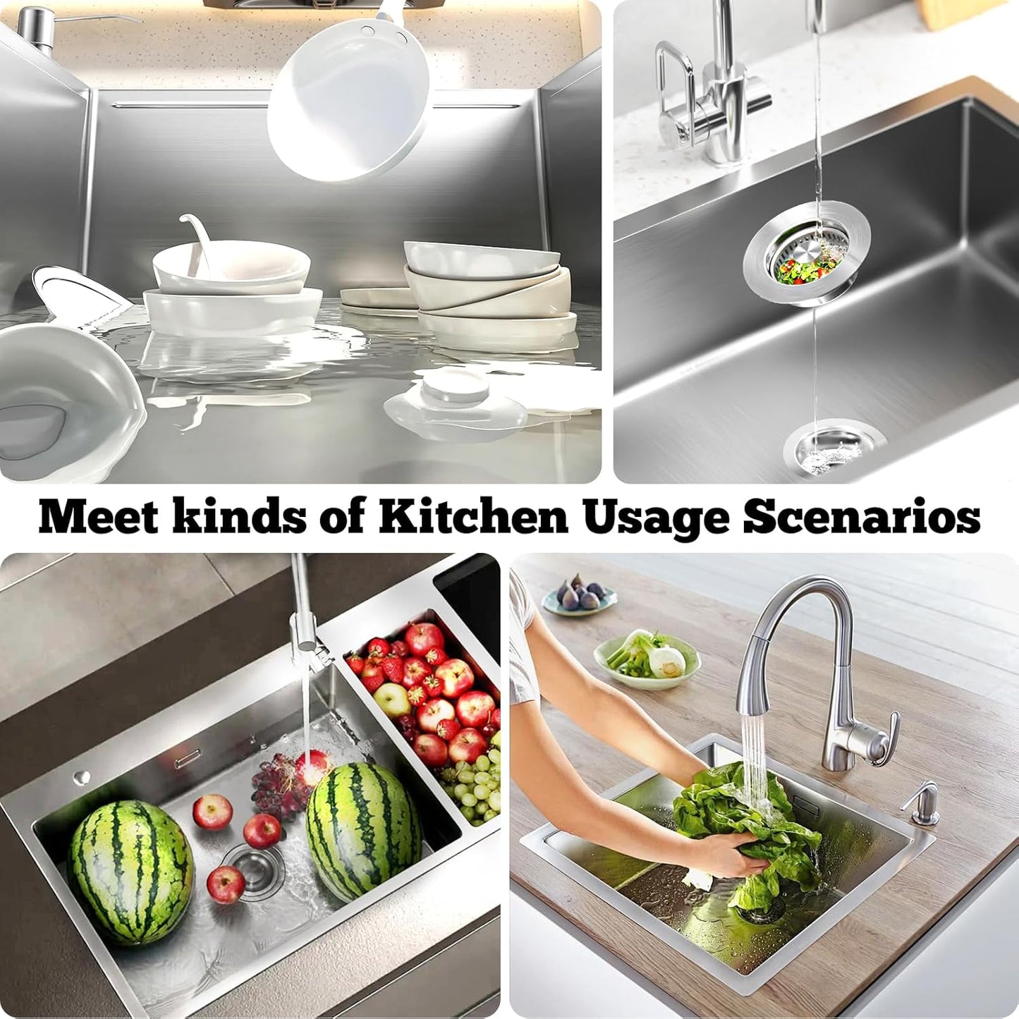 Upgraded 3 in 1 Kitchen Sink Drain Strainer Stopper, Brushed Stainless Steel SUS 304 Pop Up Sink Drain Stopper for Standard 3-1/2 Inch Drain Anti-Clogging Odor Prevention