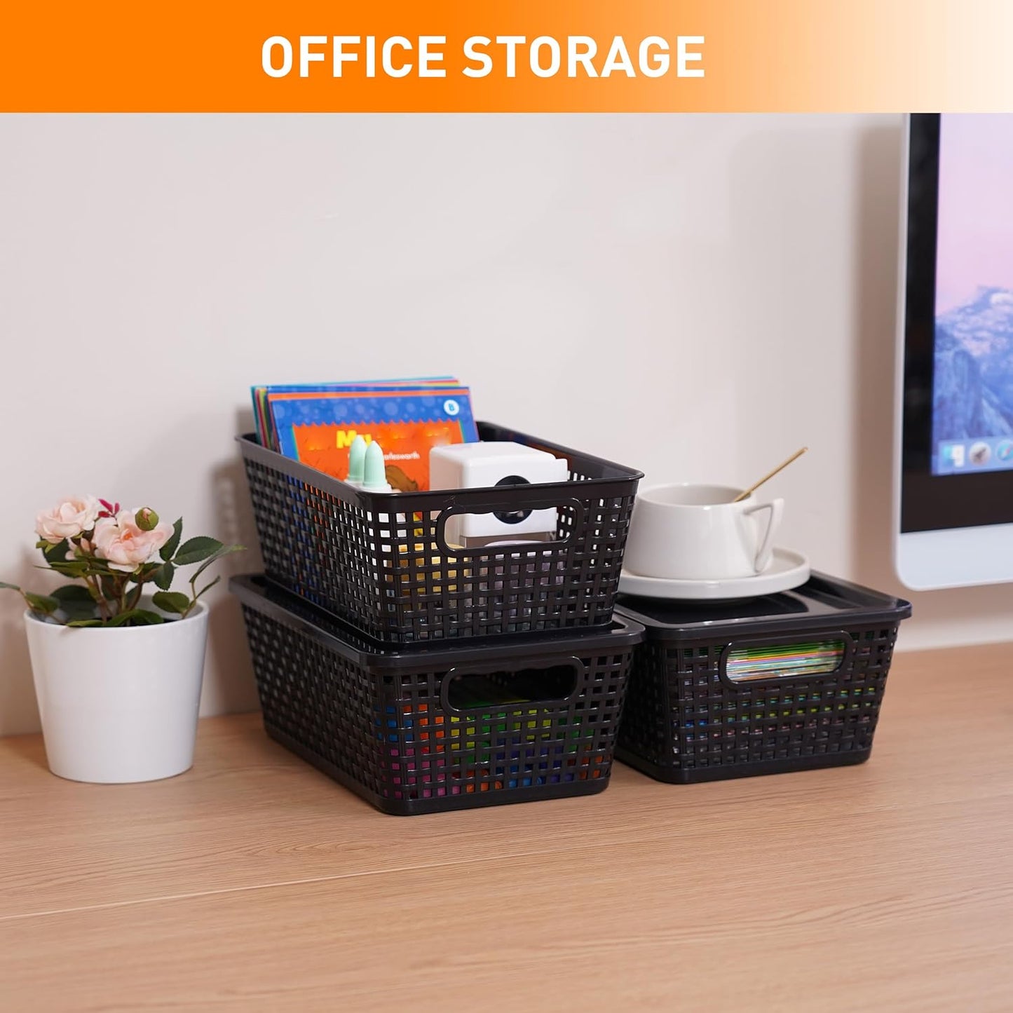 Plastic Storage Baskets With Lid, Storage Bins for Organizing, Stackable Decorative Containers for Shelves Drawers Desktop Closet Playroom Classroom Office, 8 Pack-Black