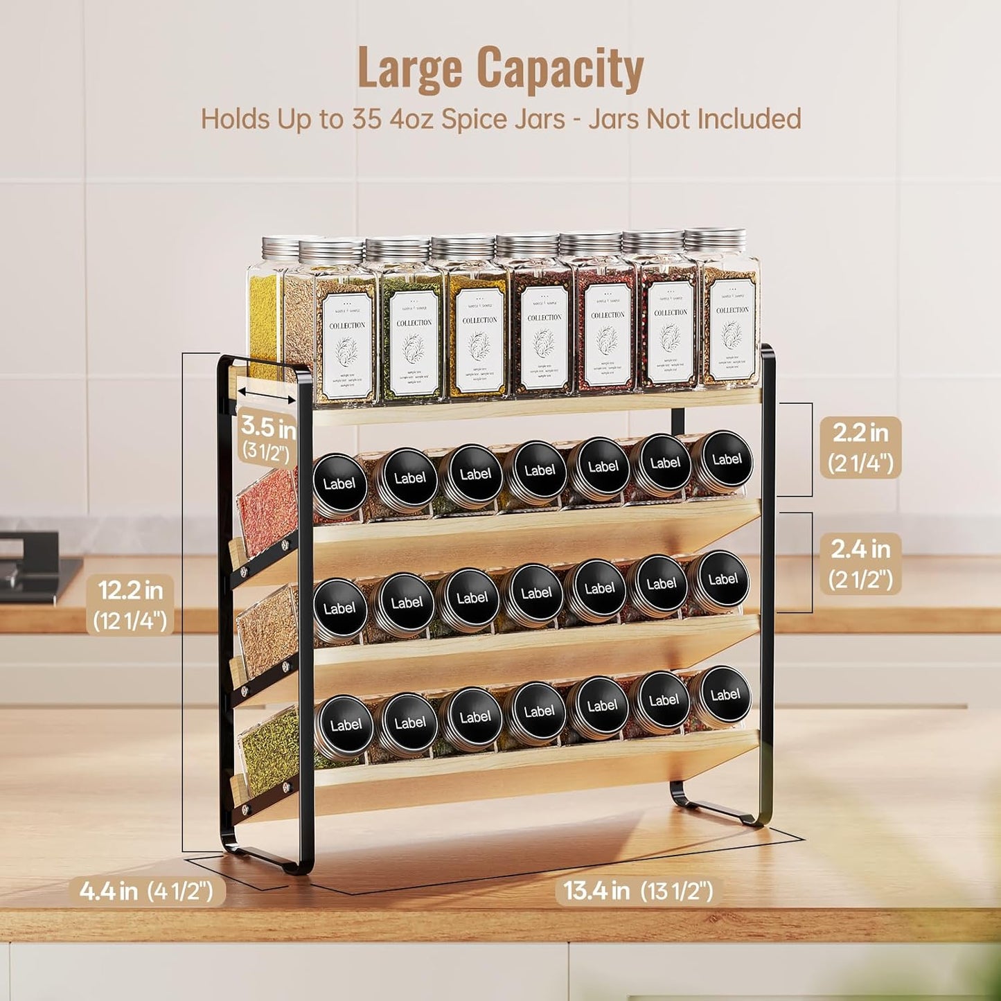 MUDEELA 4 Tier Spice Rack Organizer for Cabinet, Wooden Vertical Spice Shelf, Seasoning Organizer for Countertop, Kitchen, Pantry, Freestanding, 13.4" W × 11.2" H (No Jars Included), Black