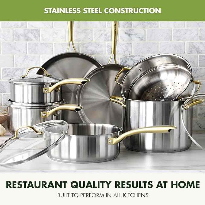 GreenPan Stainless Steel Cookware Set, 11 Piece, Induction Cookware, Dishwasher Safe, Oven Safe to 600F, Large 8QT Stock Pot, Sauce, Saute, Frying Pans, Pots & Pans Kitchen Essentials, Gold
