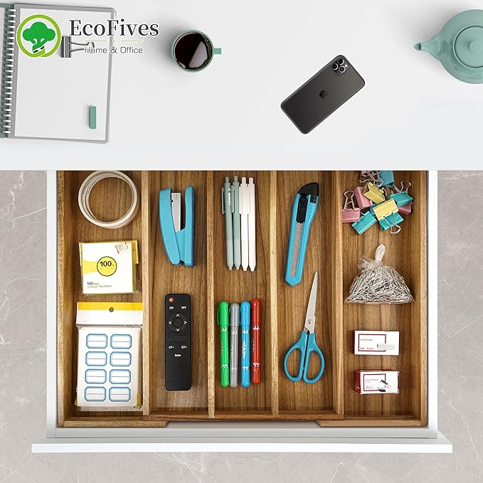Luxury Acacia Silverware Organizer -Kitchen Drawer Organizer - Utensil Holder and Cutlery Organizer with Grooved Drawer Dividers for Flatware and Kitchen Utensils (5 Slot)