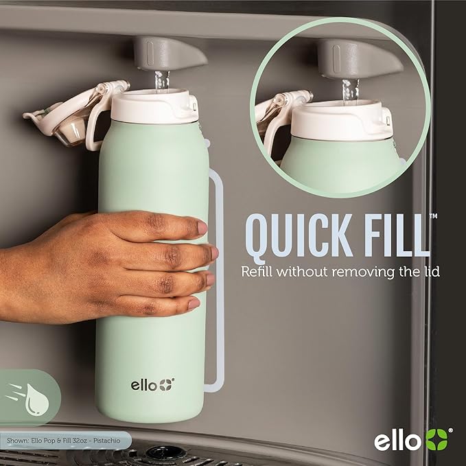 Ello Pop & Fill 40oz Stainless Steel Water Bottle with Quick Fill Technology, Double Walled and Vacuum Insulated Metal, Leak Proof Locking Lid, Sip and Chug, Reusable, BPA Free, Aurora