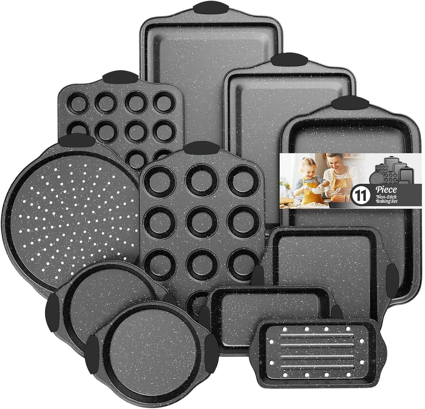 11-Piece Nonstick Baking Pan Set, Stackable Bakeware Sets, Oven Pans for Baking with Silicone Handles, Includes Cookie Sheet, Cake Pans, Loaf Pan, Pizza Pan, Muffin Pan, Black