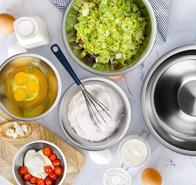 Eatex Mixing Bowls with Measuring Cups & Measuring Spoons 17 Piece Set - Nesting Stainless Steel Mixing Bowls Set for Kitchen, Measuring Spoons & Glass Liquid Measuring Cups, Dishwasher Safe Meal Prep