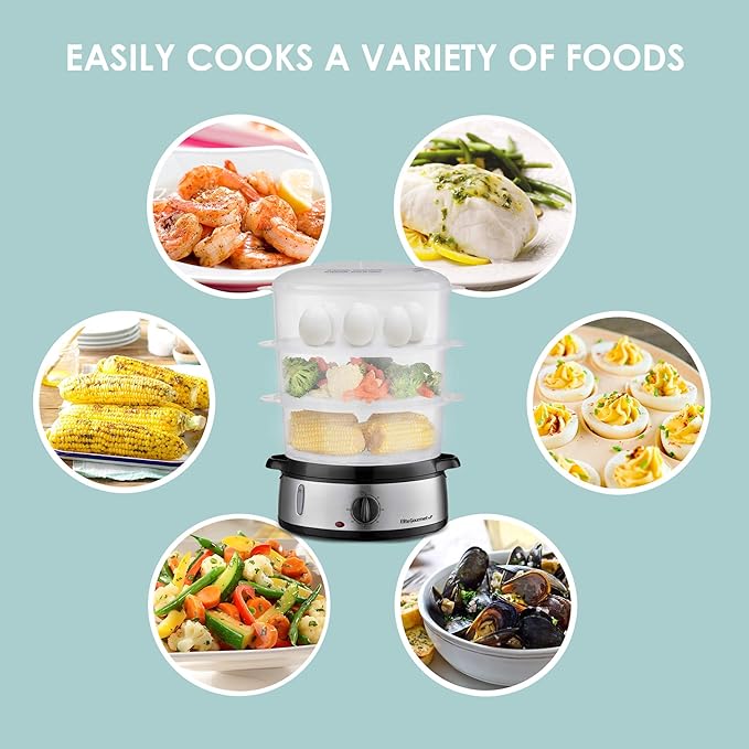 Elite Gourmet Maxi-Matic Electric Food Vegetable Steamer with BPA-Free 3 Tier Stackable, Nested Basket Trays, Auto Shut-off 60-min Timer, 800W, 9 Quart, Stainless Steel