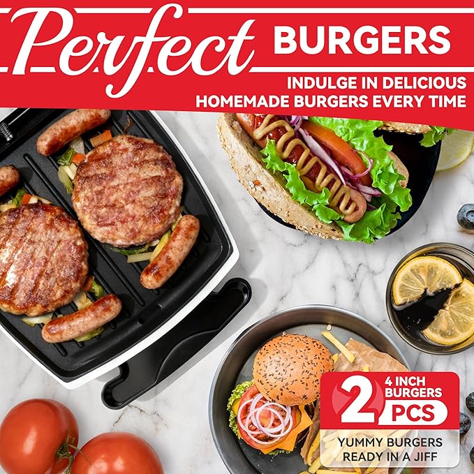 SugarWhisk 2 In 1 Hamburger Grill Maker, Electric Indoor Grill and Panini Press with Non-stick Grill Plates, 1200W, Easy to Clean and Store, White