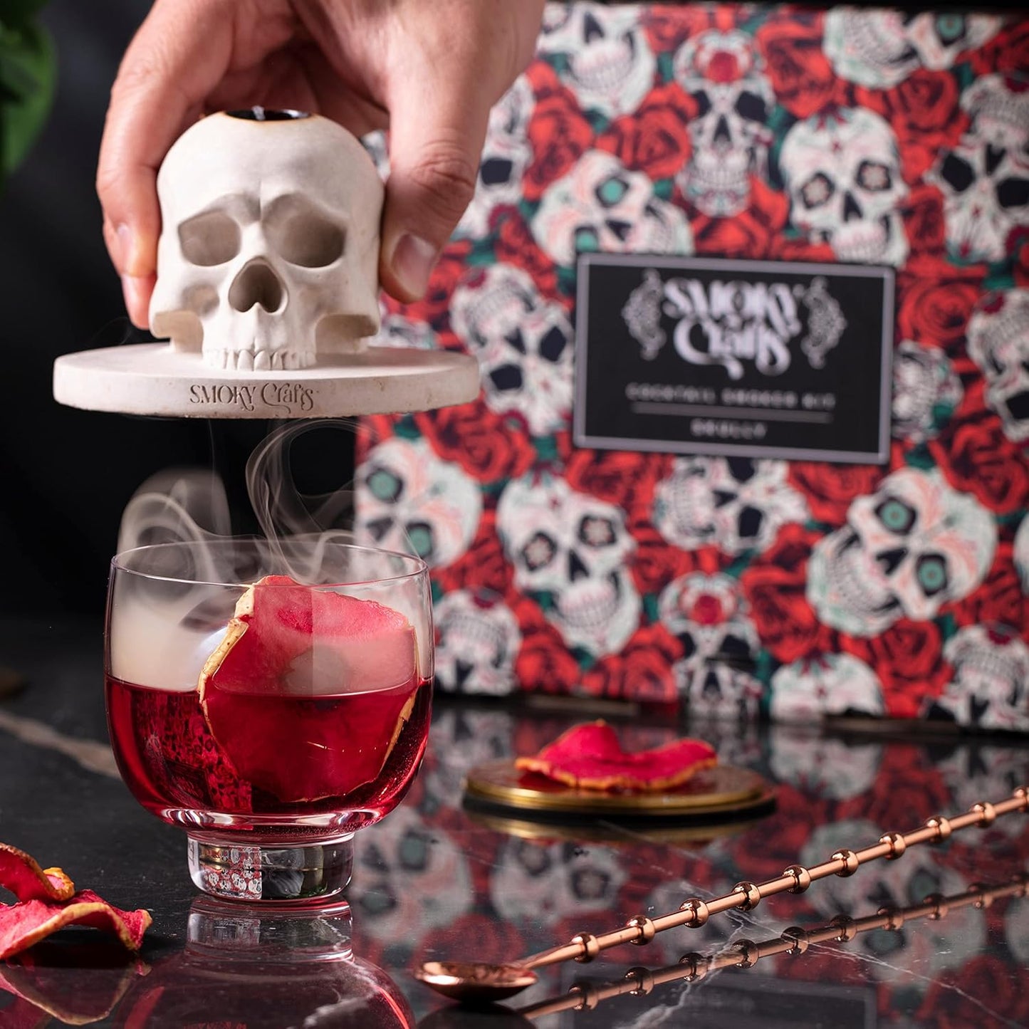 Whiskey Smoker Kit with Torch - Old Fashioned Smoker Kit comes with Skull-Shaped Smoke Infuser, Culinary Torch and Wood Chips (Apple, Cherry, Hickory) - Gifts for Men (Without Butane)