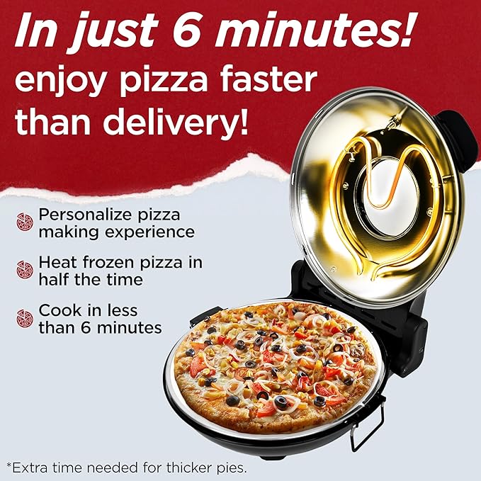 CULINARY CHEF Electric Pizza Oven with Ceramic Stone, Viewing Window, Adjustable Heat Control, Timer and 1200W Baking Power, DIY Homemade Pizzeria, Large 12” Pie Capacity (Black)