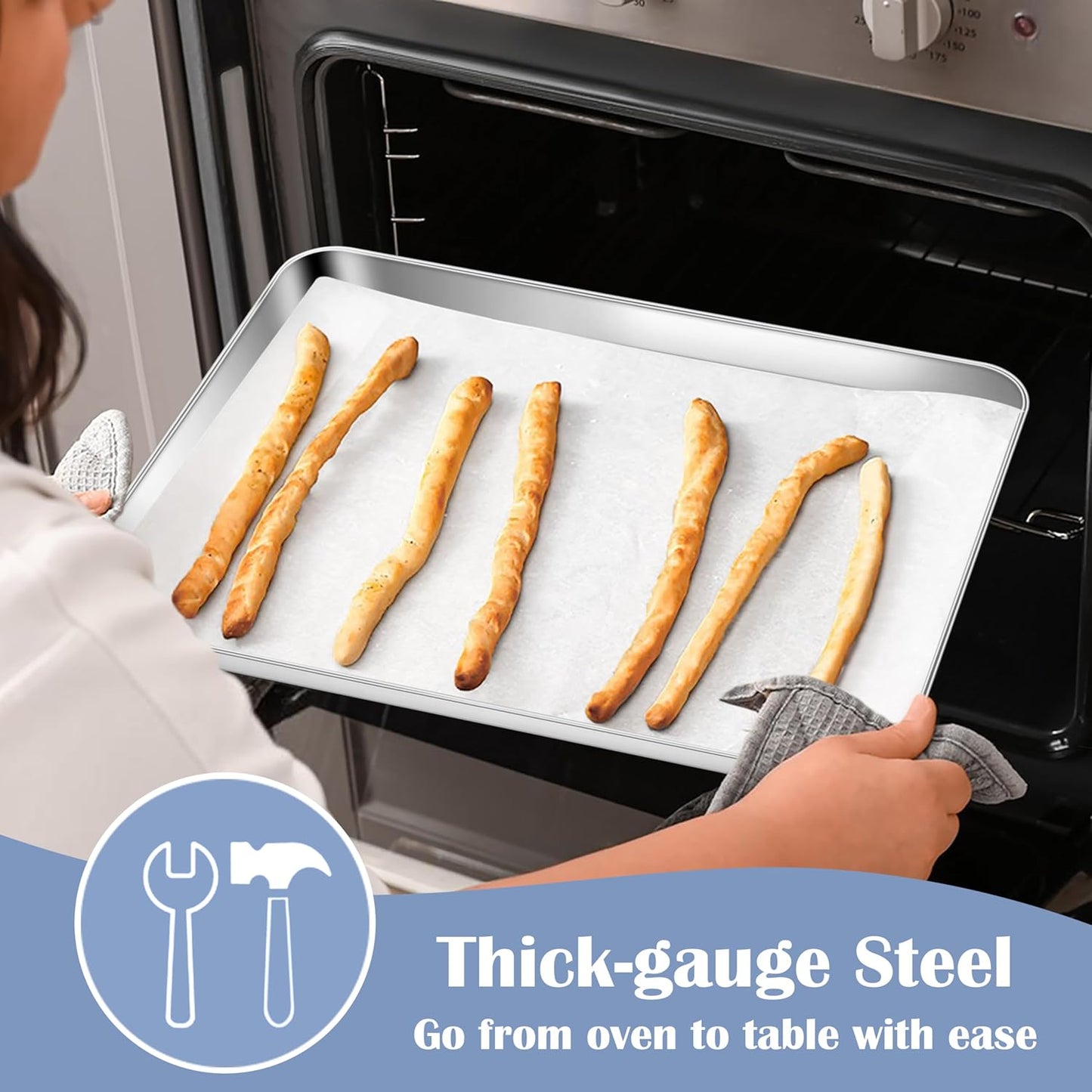 E-far Stainless Steel Baking Sheets Set of 4, 12.4” x9.7” Baking Cookie Sheets Pans for Oven, Non-toxic Metal Trays for Cake Cookies, Healthy & Rust Free, Mirror Finish & Dishwasher Safe