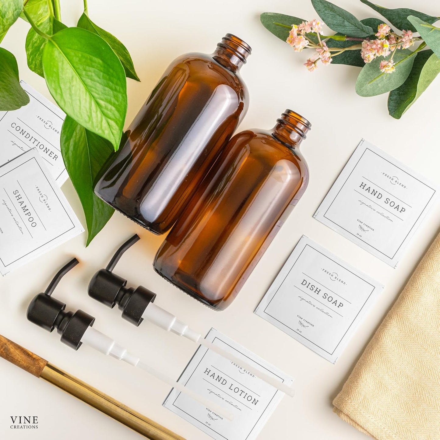 Vine Creations Amber Glass Soap Dispenser, 2 Pack Kitchen Soap Dispenser Set with Stainless Steel Pump, 16 oz Dish Soap and Hand Soap Dispensers for Bathroom with Waterproof Labels