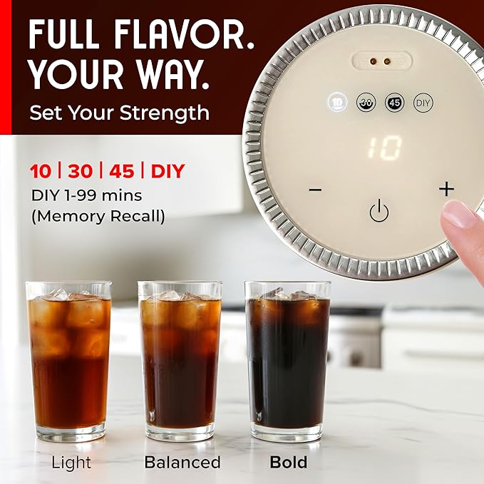 Mueller RapidBrew Cold Brew Iced Coffee Maker – 10 Min Fast Brew Portable Rechargeable Cold Brew Machine for Coffee & Tea – Adjustable Strength 10-99 Min – 20 Servings Per Charge, Black Coffee