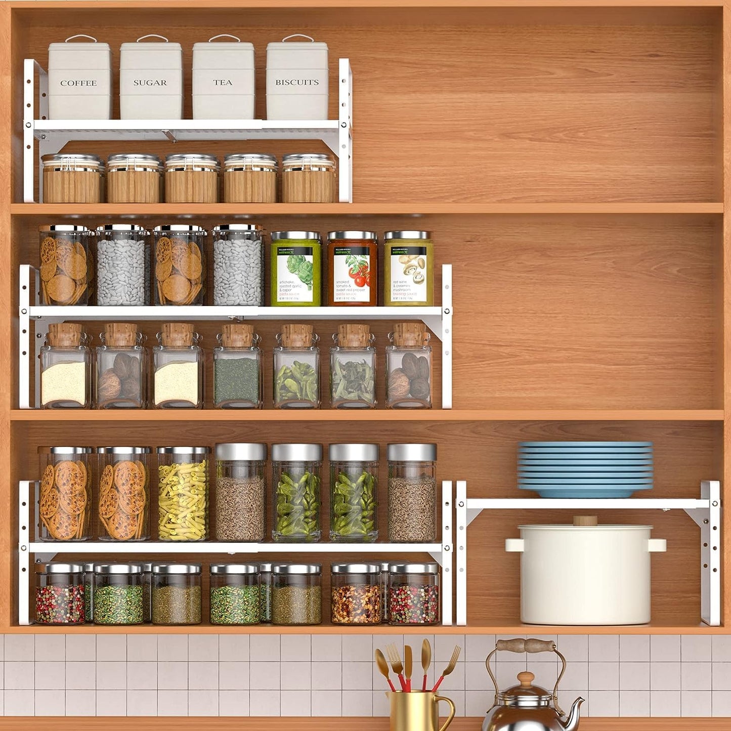 iPEGTOP Expandable Cabinet Storage Shelf Organizer Rack, Heavy Duty Stackable Steel Metal Spice Rack Adjustable Height Pantry Garage Shelf for Counter Kitchen Organization, White - 2 Pack