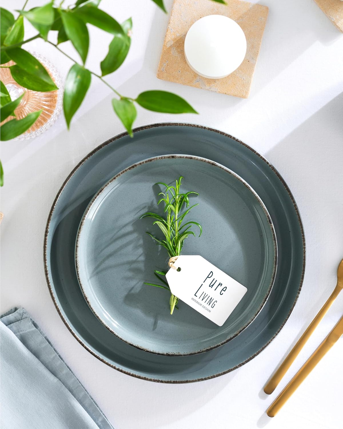 Stoneware dinnerware set 4 persons Rustic 12 pcs - Rustic design dinnerware set, dishwasher safe - Bowl and plate set - Pure Living dinnerware in smoky blue…