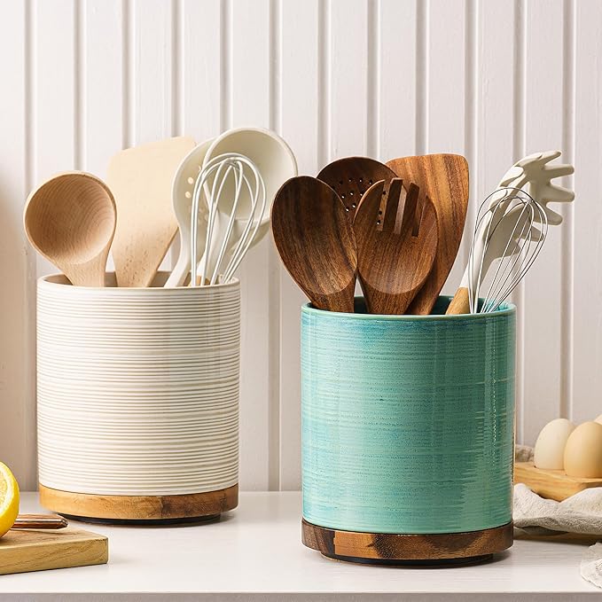 Utensil Holder, 360° Rotating Extra Large Ceramic Kitchen Utensil Holder for Countertop, Cooking Utensil Crocks for Counter with Rotatable Wooden Base, Farmhouse Kitchen Decor, Green