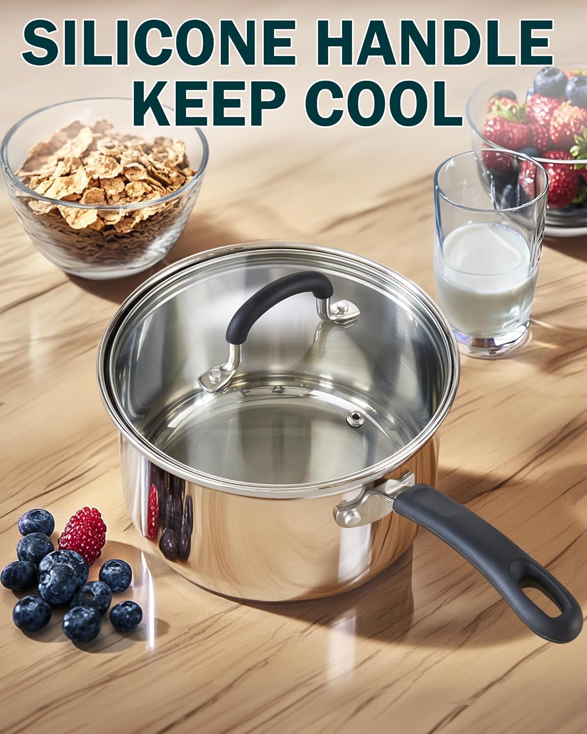 Cook N Home Saucepan Sauce Pot with Lid 1 Quart Stainless Steel , Stay Cool Handle, silver