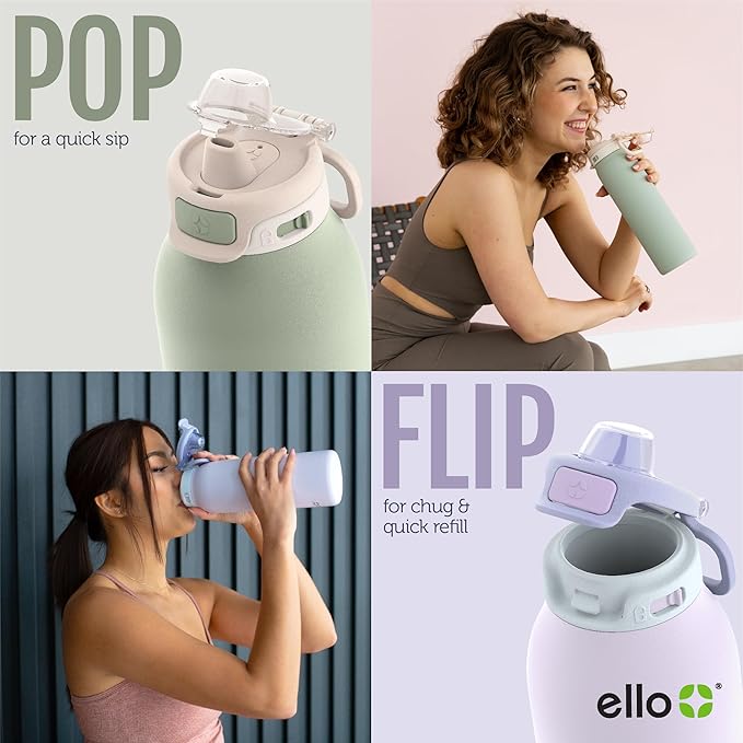 Ello Pop & Fill 32oz Stainless Steel Water Bottle with Quick Fill Technology, Double Walled and Vacuum Insulated Metal, Leak Proof Locking Lid, Sip and Chug, Reusable, BPA Free, Heavenly Hues
