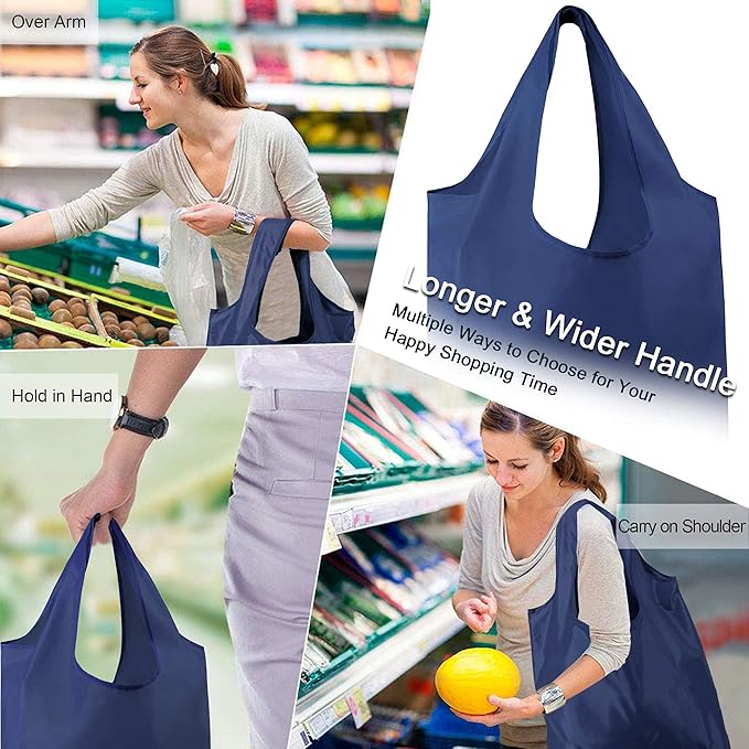 BeeGreen Navy Blue Reusable Grocery Bags Bulk 10 Packs, Kitchen Reusable Shopping Bags 50LBS Large, Machine Washable Durable, Easily Foldable with a Storage Bag