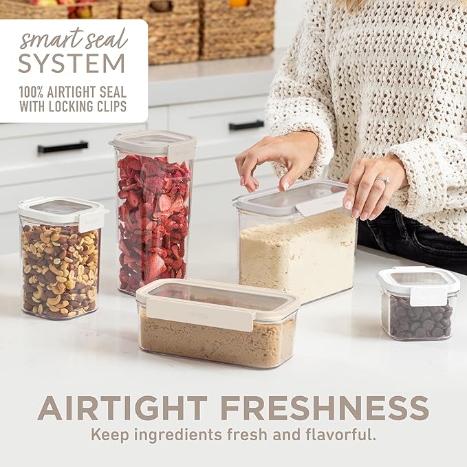 Bentgo Pantry - 10-Piece Airtight Food Storage Containers, Clear, Stackable Kitchen & Pantry Organization, Locking Lids for Freshness, BPA-Free Plastic - Ideal for Sugar, Flour, & More (White Stone)