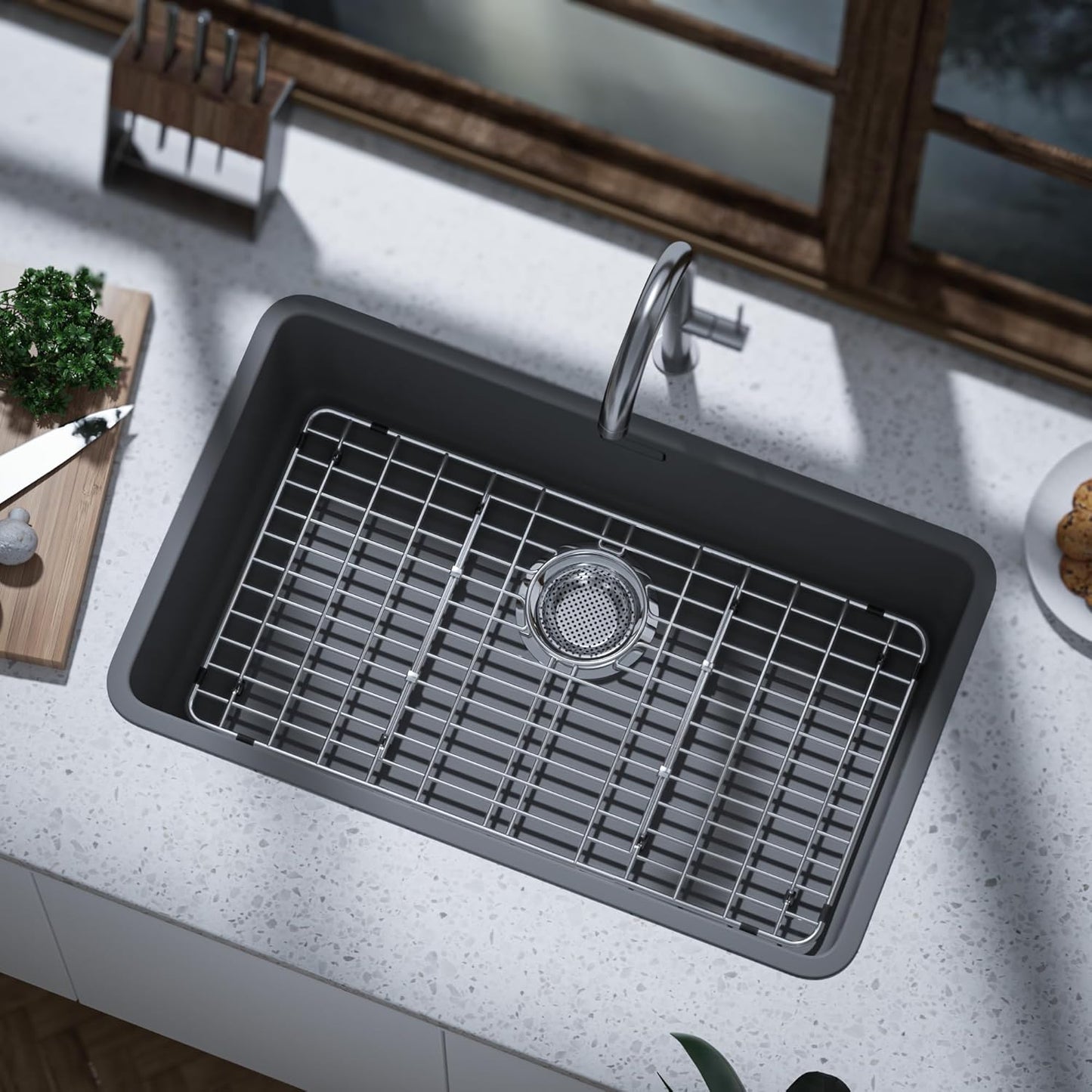 iPEGTOP Sink Bottom Grid, 3-Piece Stainless Steel Sink Protector 27-9/16" x 14-9/16" with Rear Drain Hole, Sink Grate Sink Rack for Bottom of Kitchen Sink Single Sink Bowl with Sink Hole Cover