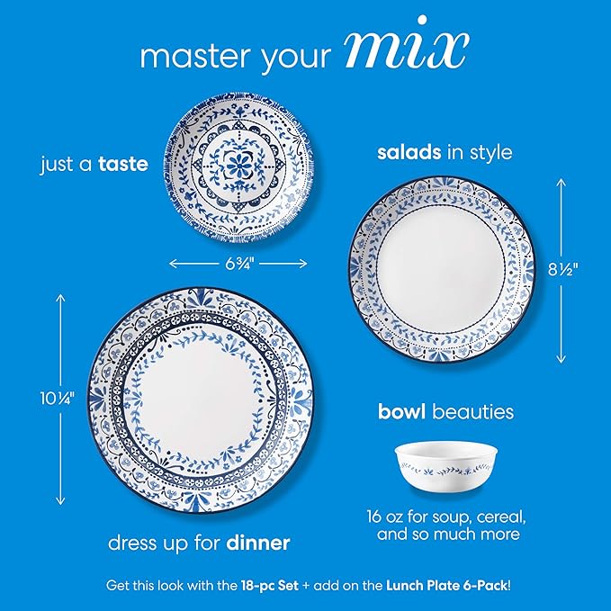 Corelle Vitrelle 18-Piece Service for 6 Dinnerware Set, Triple Layer Glass and Chip Resistant, Lightweight Round Plates and Bowls Set, Portofino